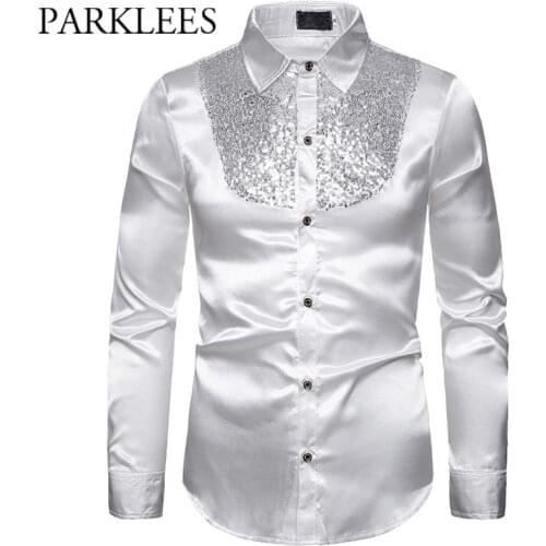 Mens Silk Satin Smooth Shirt Luxury Gold Sequin Tuxedo Shirt Party Stage Performance Wedding Dress Shirts Chemise Homme