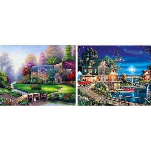 2 Set 5D Diamond Painting Cross Stitch Home Decoration, Cottage & Landscape Lodge