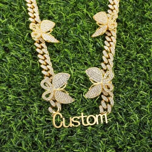 Personalized Custom Name Punk Cuban Chain Necklace Butterfly Crystal Shape Pig Nose Chain Choker Gift For Rapper Hip Hop Jewelry
