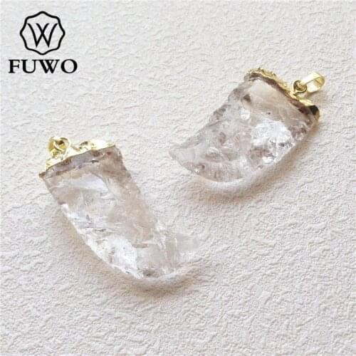 FUWO Horn Shape Carved Crystal Quartz Pendant With 24K Gold Color Plated Cap Fashion Rough Quartz For Necklace Making PD156
