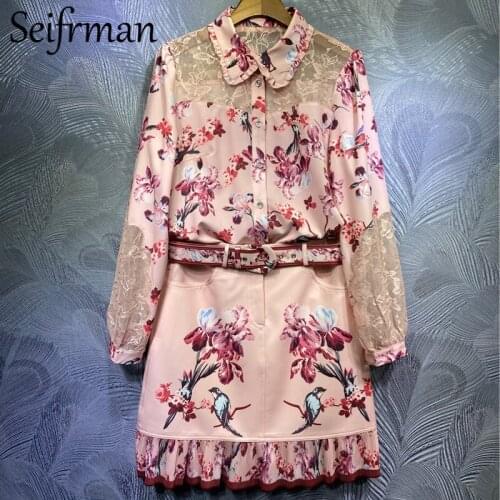 Seifrmann Women Summer Fashion Designer Skirt Set Lantern Sleeve Loose Lace Blouses+Pocket Print Short Skirts 2 Two Pieces Suits