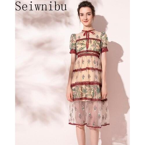 Seiwnibu high quality stand collar lace patchwork mesh floral embroidery dresses short sleeve bohemian beach summer dresses