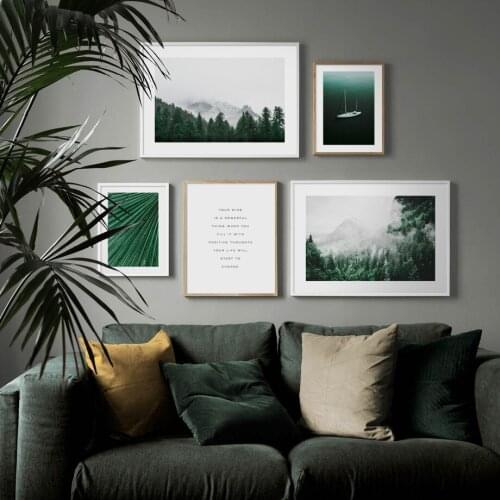 Dark Green Sailboat Forest Plant Qoutes Wall Art Paper Painting Nordic Posters And Prints Wall Pictures Baby Kids Room Decor