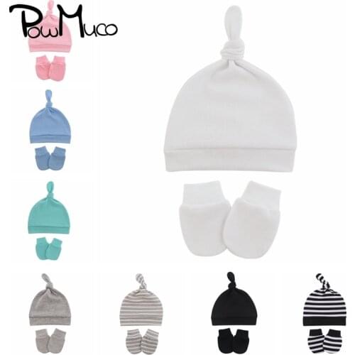 Powmuco Comfortable Soft Knitting Cotton Hat and Glove Set Baby Anti-eat Hand Anti-Grab Face Protect Mitten Fashion Striped Caps