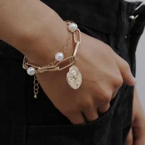 High Quality Charm Imitation Pearl Bracelet Bangle for Women Armband Lock Chunky Chain Bracelets Friend Couple Jewelry BFF