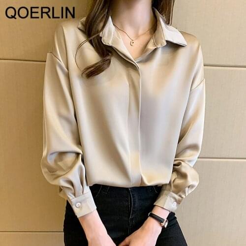 QOERLIN Spring New Women Solid Retro Elegant Blouse Turn-Down Collar Button Up Bishop Sleeve Shirt Fall Casual Tops White Shirts