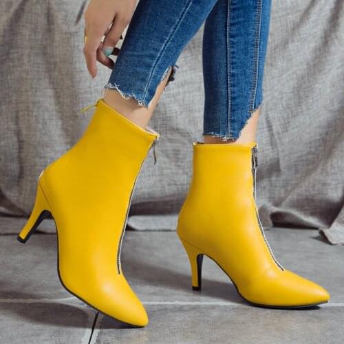 Women PU Leather Front Zipper Ankle Boots Fashion Pointed Toe Short Boots Ladies Thin High Heel Autumn Winter Womens Shoes