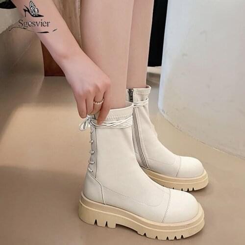 Sgesvier Women Ankle Boots Block Heel Square Toe 2021 Autumn Winter Shoes Zipper Classic Chelsea White Black Brown Leather Boots