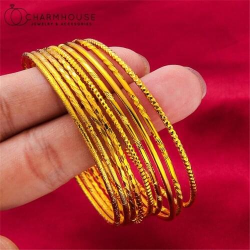 24K Gold GP Bangles For Women 60/65mm Thin Cuff Bangle & Bracelet Wristband Pulseira Femme Wedding Jewelry Accesories Party Gift