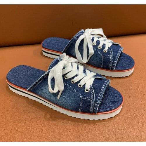 New Women Canvas Sandals Breathable Summer Slippers Lace Up Open Toe Denim Flat Shoes Zapatos Mujer Plus Large Size 35-43 PW008
