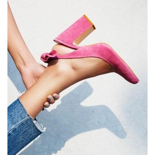 Free Ship Pink Suede Butterfly-knot Women Pumps Chunky Heel Bowknot Dress Shoes Sweet Square Heel Slingback Wedding Shoes Pumps