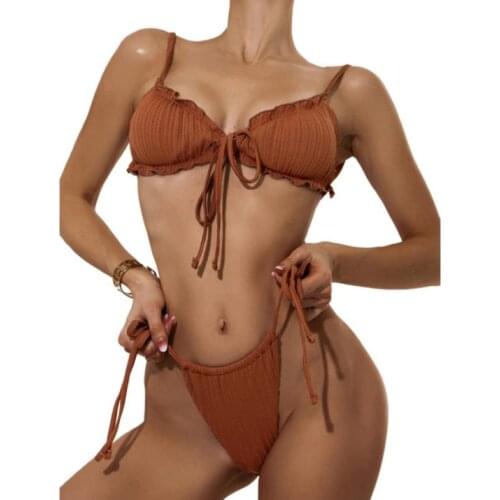 Women Split Swimsuit Set Solid Color Bikini with Ruffles+Lace-up Panties+See-through Mesh Cover Ups