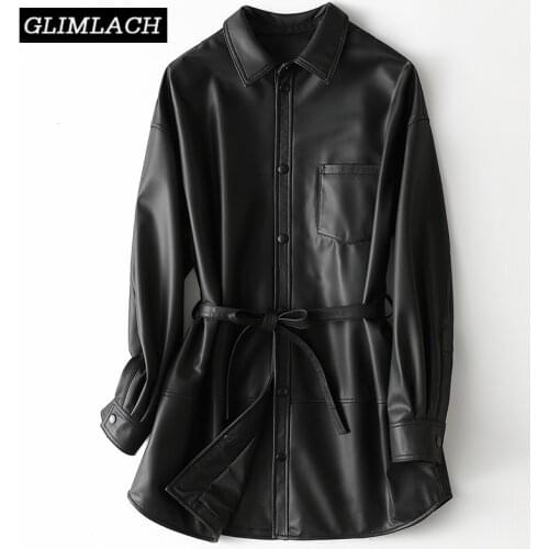 2021 New Office Lady 100% Real Leather Long Coats With Belt Sheepskin Genuine Leather Jacket Women Casual Outwear Chaqueta Mujer