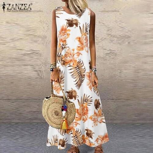 Women Sleeveless Flower Printed Long Dress ZANZEA Summer Floral Beach Vestidos Bohemian Sarafans Robe Femme Party Maxi Sundress