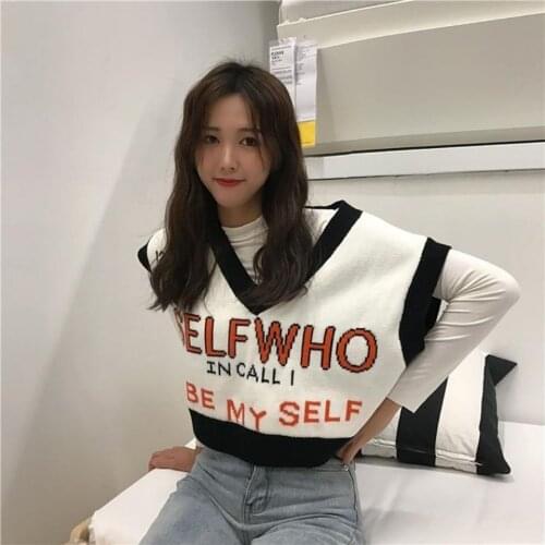 Women Casual Tank Tops Autumn 2020 Korean Style Chic Letter V Neck Knitted Sweater Vest Pullover Short Oversized Waistcoat G1864