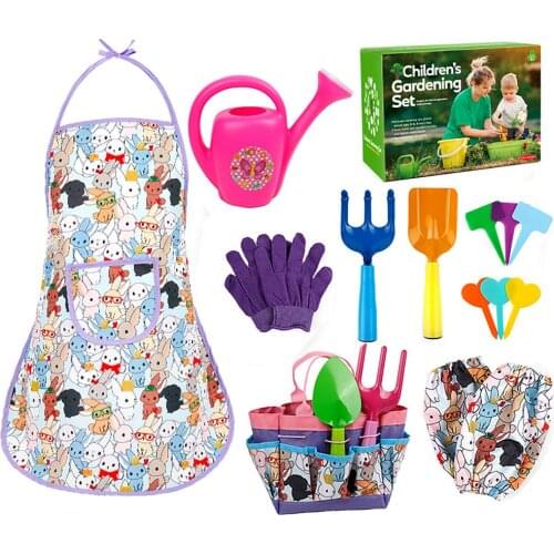 17pcs Childrens Garden Gardening Tools Set Toy Outdoor Beach Shovel Rake Portable Tool Bag For Kids 3-8 Years