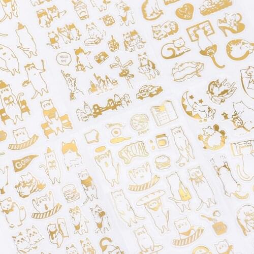 6sheets Super Cute kitten stickers Scrapbooking Planner Mobile Phone Gold Stamping Transparent Funny Cat Stationery Stickers