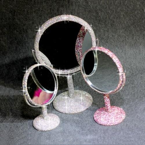 Shiny Bling Double Sided Cosmetic Metal Mirror Full Diamond Rotatable Home Dressing Princess Mirror Wedding Valentines Day Gift