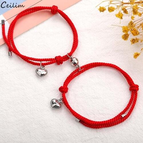 2pcs/set Couple Magnetic Distance Bracelet Adjustable Lucky Red Rope Braided Heart Charms Bracelets Lovers Jewelry Gifts