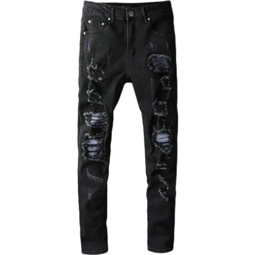 New mens male fashion casual trousers New black high street ripped jeans patch stretch slim slimming denim pants trousers 664