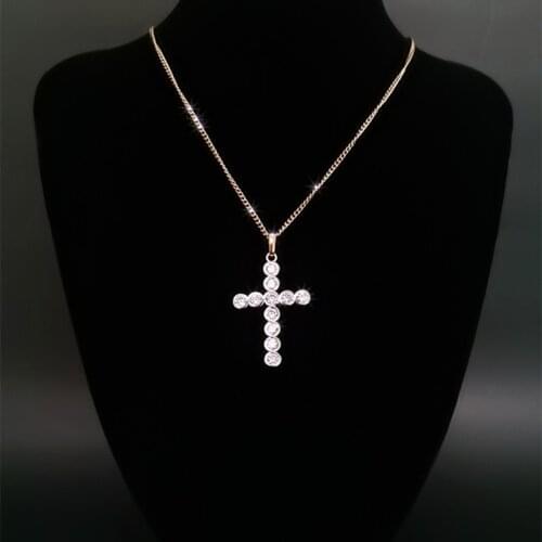Shiny Big Zircon Cross Pendant Necklace For Women Female Copper Gilded Rhinestone Neck Chain Champagne Gold Jewelry Collier