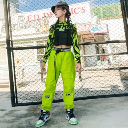 Kids Hip Hop Clothes Girls Loose Jazz Costume Green Set Tops Pants Hip Hop Black Vest Performance Stage Outfit Rave Wear VDB2662