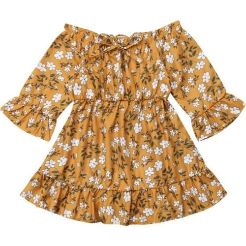 Baby Girls Cotton Long Sleeve Floral Off Shoulder Dress Toddler Princess Party Dresses