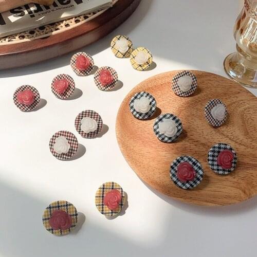 Korean Fashion Fabric Earrings Houndstooth Color Plaid Acrylic Flower Earrings Round Ear Jewelry for Female Gift