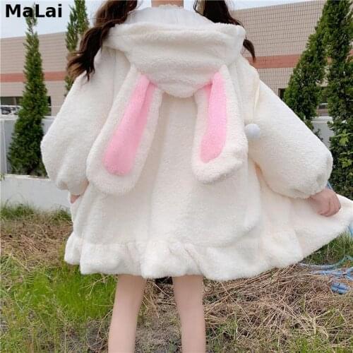 Zip Up Jacket Jacket Women Lolita Lambswool Plus Cotton Thick Outer New Teddy Rabbit Ears Hooded Soft Girl Ruffle Faux Wool Coat