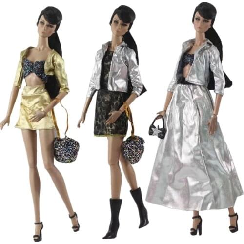Fashion Metallic Silver Gold Outfits for Barbie Doll Clothes Set Handbag Vest Coat Skirt Dress 1/6 BJD Dolls Accessories Kid Toy