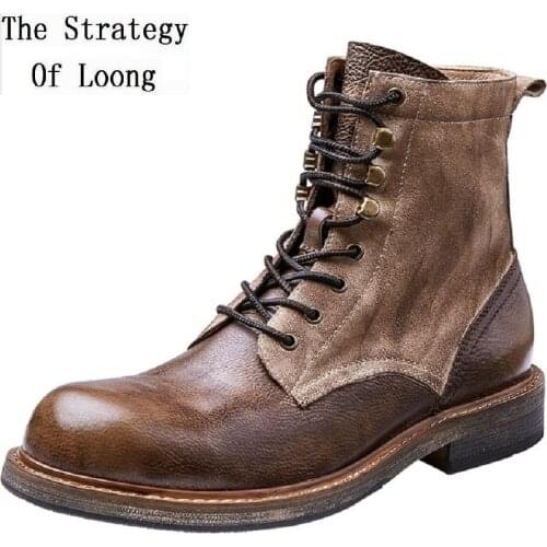 British Style Spring Autumn New Sewing Cross-tied Full Grain Leather Men Equestrian Boots Winter Plush Male Work Botas 20210127