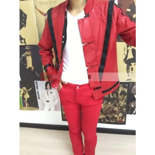 Custom Made MJ Free shipping Michael Jackson Leather Thriller Red Jacket Pants And Free Billie Jean Glove