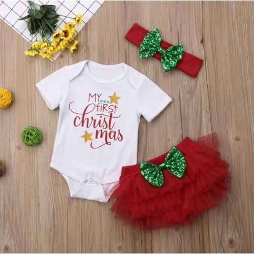 2020 New Baby Girls Christmas Clothes Sets Babies Girl Letters Bodysuit Tulle Shorts Outfits Xmas Costume Clothing Set 0-18M