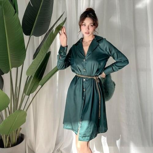 2021 New Spring Dark Green Fashionable Lazy Style Luster Silk Satin Texture Long Shirt Dress Sexy V Neck Dresses for Women Party