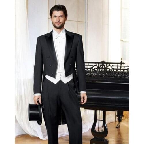 New Arrival Tailcoat Groom Tuxedos Satin Lapel Mens Suit Black Groomsman Bridegroom Wedding Prom Suits (Jacket Pant Bow Vest)