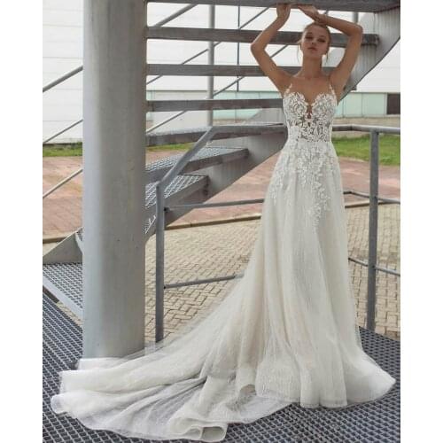 Charming Fairy Wedding Dress 2021 A-Line V-Neck Lace Appliques Backless Sleeveless Sweep Train Bride Gown Vestidos De Noiva