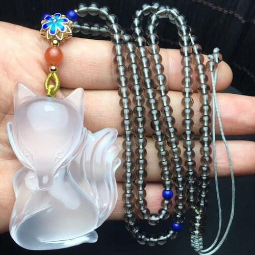 Wholesale White Natural Crystal Pendants Carved Nine Tails Fox Pendant Sweater Chain Necklace Luck for Women Evil Peace Jewelry