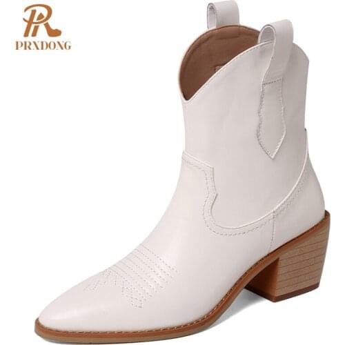 Autumn Genuine Leather Womens Short Western Boots High Heeled Platform Ladies Ankle Boots Female Slip On Shoes Off White Black