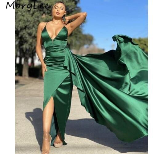 Prom Dresses V-Neck Sleeveless Side Slit Spandex Satin Mermaid Prom Dresses With Zipper Back vestidos de fiesta de noche
