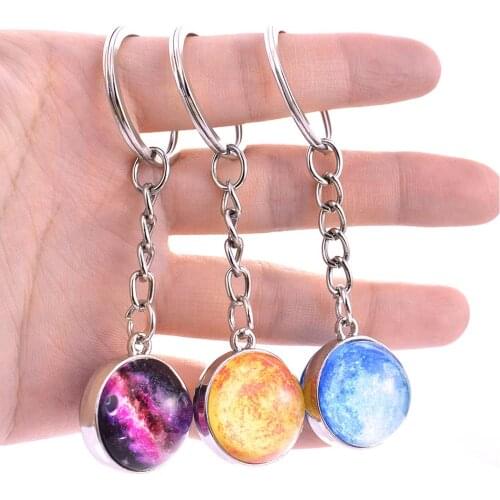 Unisex Charm Key Chains Key Rings Women Men Planet Moon Earth Sun Glass Ball Pendant Key Chain Keyring Bag Hanging Key Holder