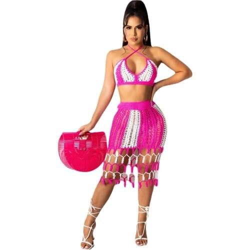 RT Sexy Women Knitted Set Two Pieces Set Crop Top Tassels Skirt 2 Pieces Crocheted Set Hollow Out Beach Crochet Suit