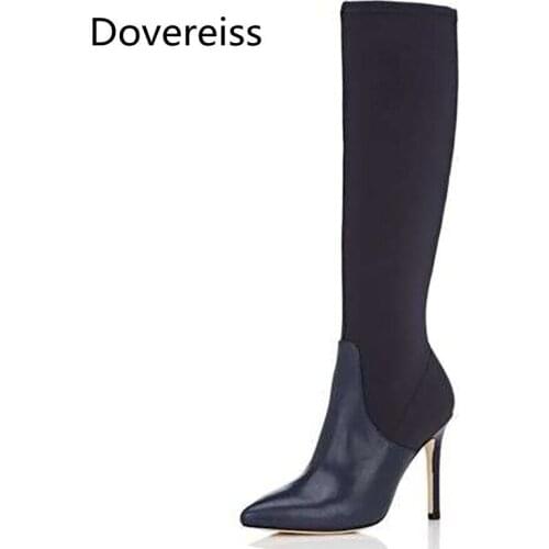Dovereiss Fashion Womens Shoes Winter Concise New Sexy Blue Zipper Stilettos heels Clear Heels Boots Knee high Boots 35-45