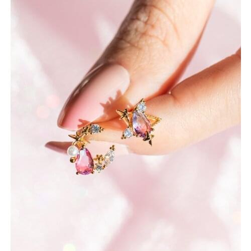 New Ins Zircon Stars Moon Stud Earrings Simple Cute Color Zirconium Star Moon Zircon Earrings For Women Girls Fashion Jewelry