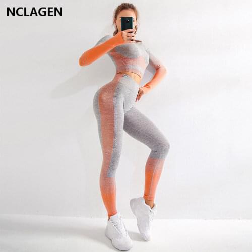 Sport Leggings And Top Yoga Sets Women Gym Clothes Seamless Long Sleeve Suit 2 Piece Elastic Fitness Workout Sportswear NCLAGEN