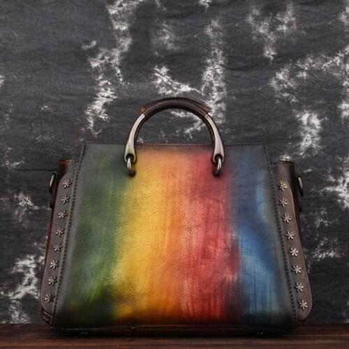 Retro Genuine Cow Leather Women Tote Bag 2021 Winter Fashion Rivet Handbag Casual Big Capacity Shopping Shoulder Messenger Bags