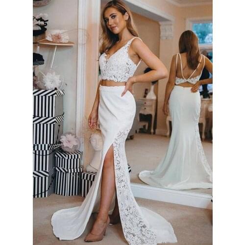 Sexy Side Split Mermaid Prom Dresses With Lace Appliqued Spaghetti Modest Two Piece evening gown prom dress Vestido De Festa