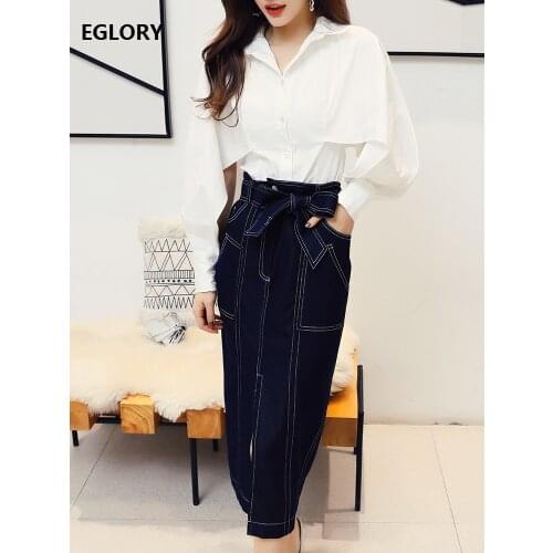 High Quality Womens Set 2021 Spring Summer Skirt Suit Ladies Designer Style White Shirt+High Waist Denim Skirt Set Casual