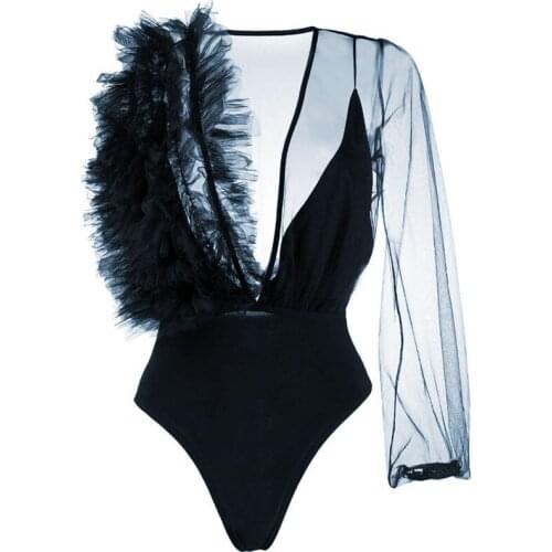 High End Navy Blue Women Body Suit See Thru One Shoulder Tulle Women Jumpsuit 2020 Tulle Ruffles Rompers Womens