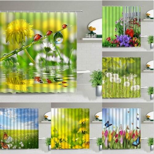 Spring Landscape Shower Curtains Flowers Plant Butterfly Natural Scenery Bath Curtain Set Waterproof Bathroom Decor With Hooks