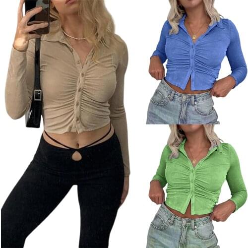2021 New Sexy Woman Shirt Solid Color Long Sleeve Turn Down Collar Bottom Slim T-shirt Tee High Street Women Clothes